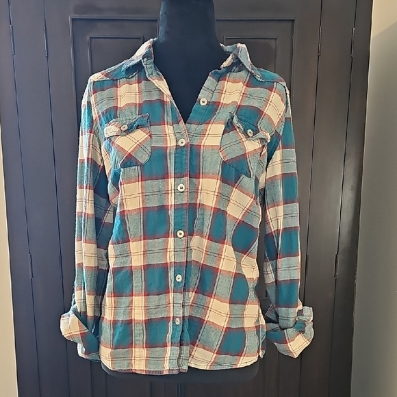Heritage 1981 Tops - Heritage 1981 Teal and Cream Plaid Flannel Shirt